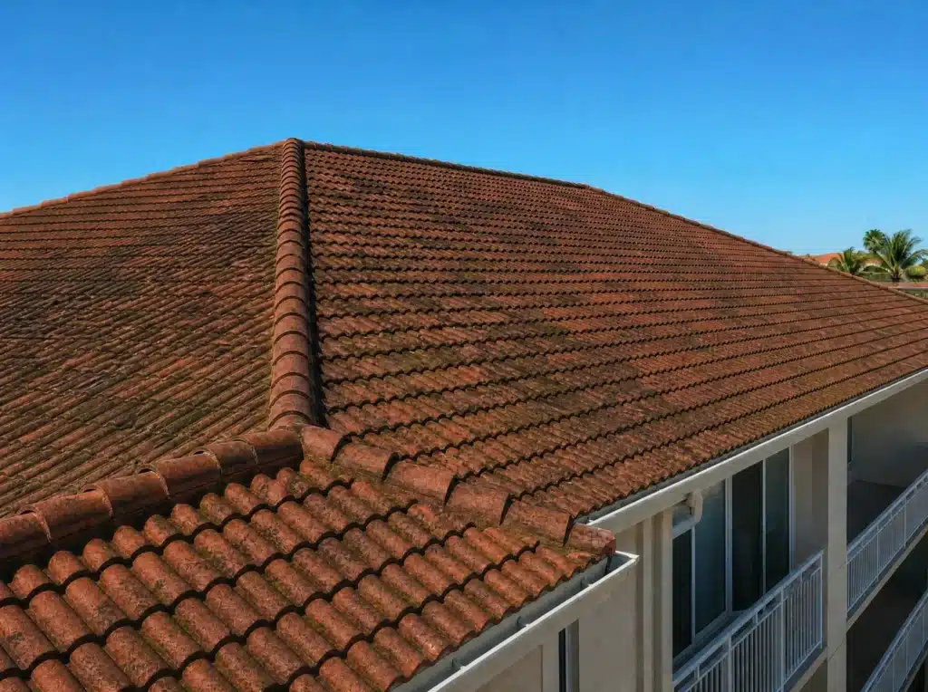 Tile roof before cleaning (sample)